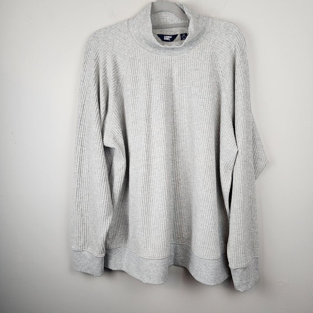 Lands End Womens 2XL Gray Waffle Knit Pullover Sweater  Long Sleeve Relaxed Fit